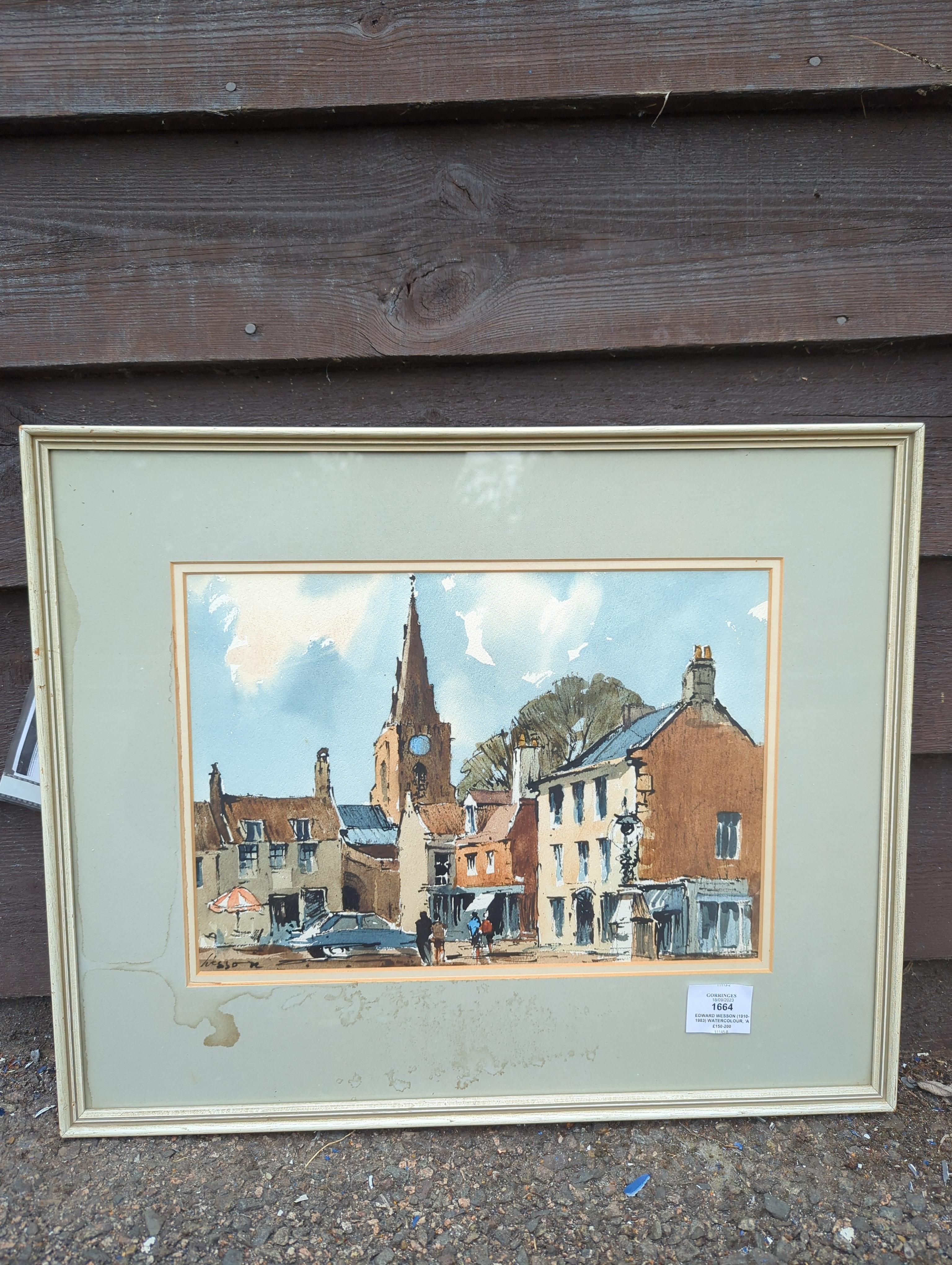 Edward Wesson (1910-1983) watercolour, 'A view of Uppingham, Northamptonshire', signed, various stamps and Gallery Thirty Three label verso, 34 x 24cm